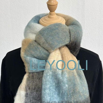 Oversized Mohair Plaid Scarf, Winter Warm Shawl with Tassels