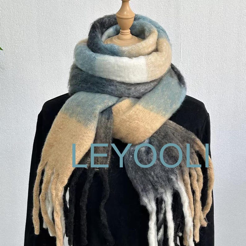 Oversized Mohair Plaid Scarf, Winter Warm Shawl with Tassels