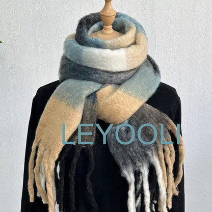 Oversized Mohair Plaid Scarf, Winter Warm Shawl with Tassels