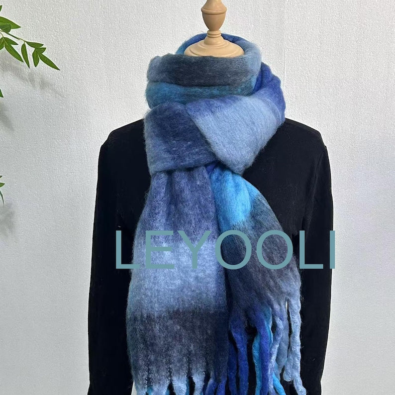 Blue Plaid Mohair Scarf: Winter Warm Tassel Shawl