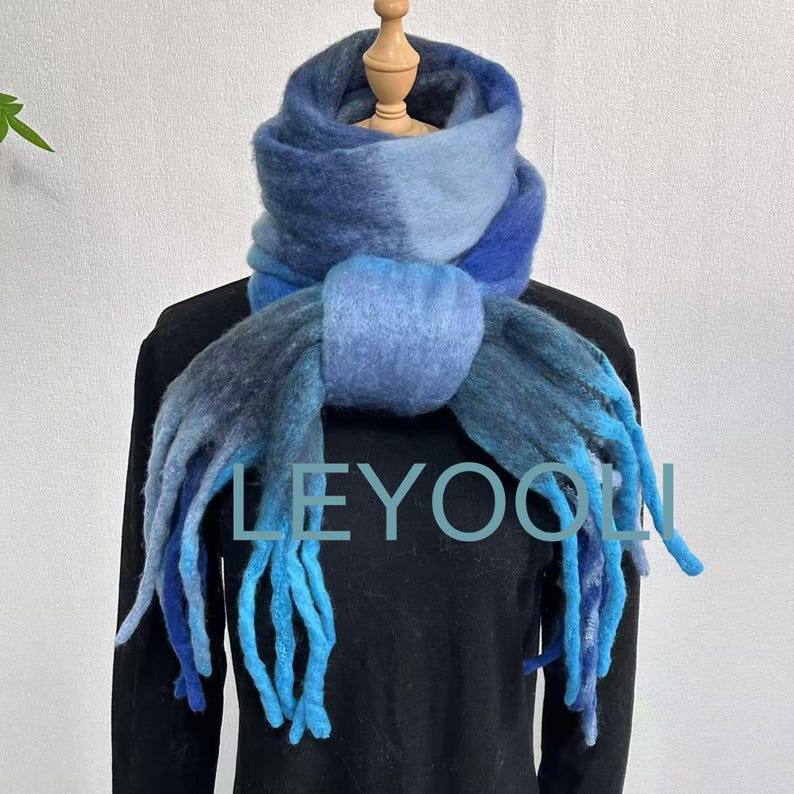 Blue Plaid Mohair Scarf: Winter Warm Tassel Shawl