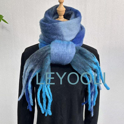 Blue Plaid Mohair Scarf: Winter Warm Tassel Shawl