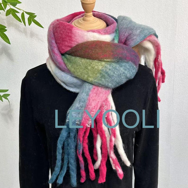 Rainbow Plaid Mohair Scarf: Warm Winter Shawl