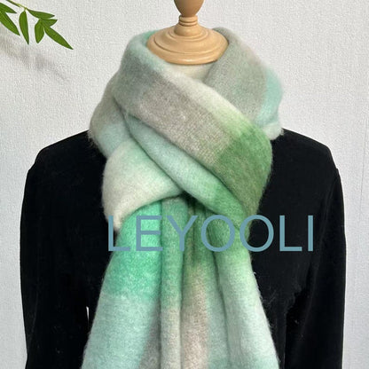Green White Plaid Mohair Scarf, Warm Winter Shawl
