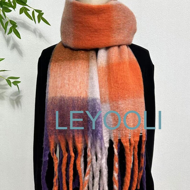 Plaid Mohair Scarf, Winter Warm Plaid Shawl