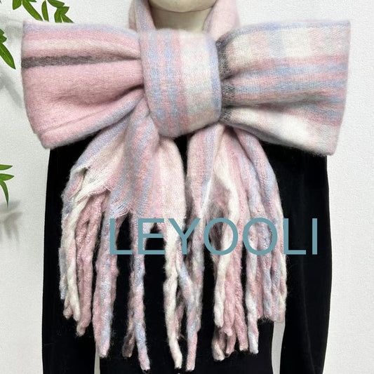 Pink Plaid Mohair Scarf, Winter Warm Shawl