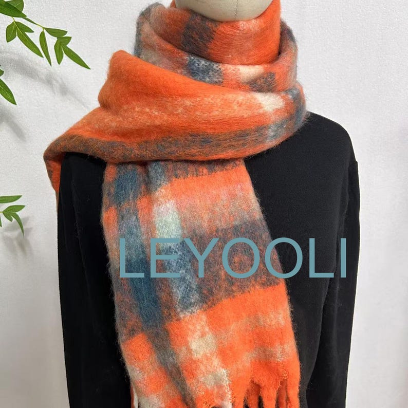 Orange Plaid Mohair Scarf: Reversible Winter Shawl