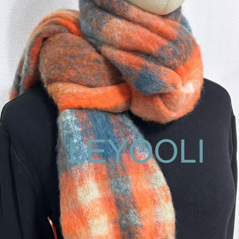 Orange Plaid Mohair Scarf: Reversible Winter Shawl