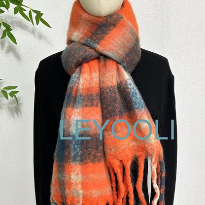 Orange Plaid Mohair Scarf: Reversible Winter Shawl