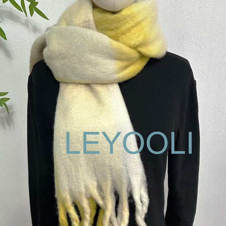Yellow Plaid Mohair Scarf, Winter Warm Tassel Shawl