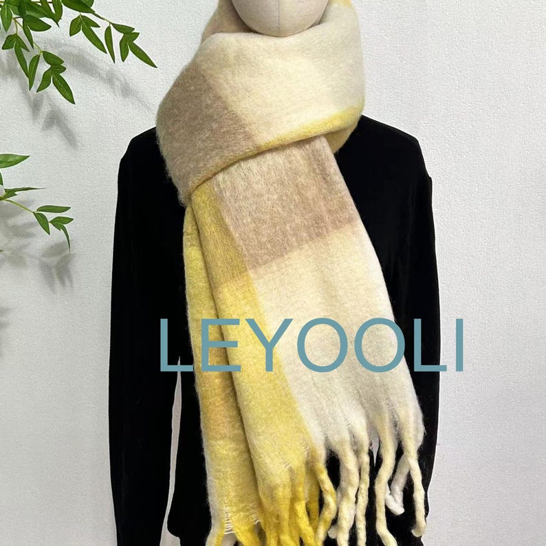 Yellow Plaid Mohair Scarf, Winter Warm Tassel Shawl