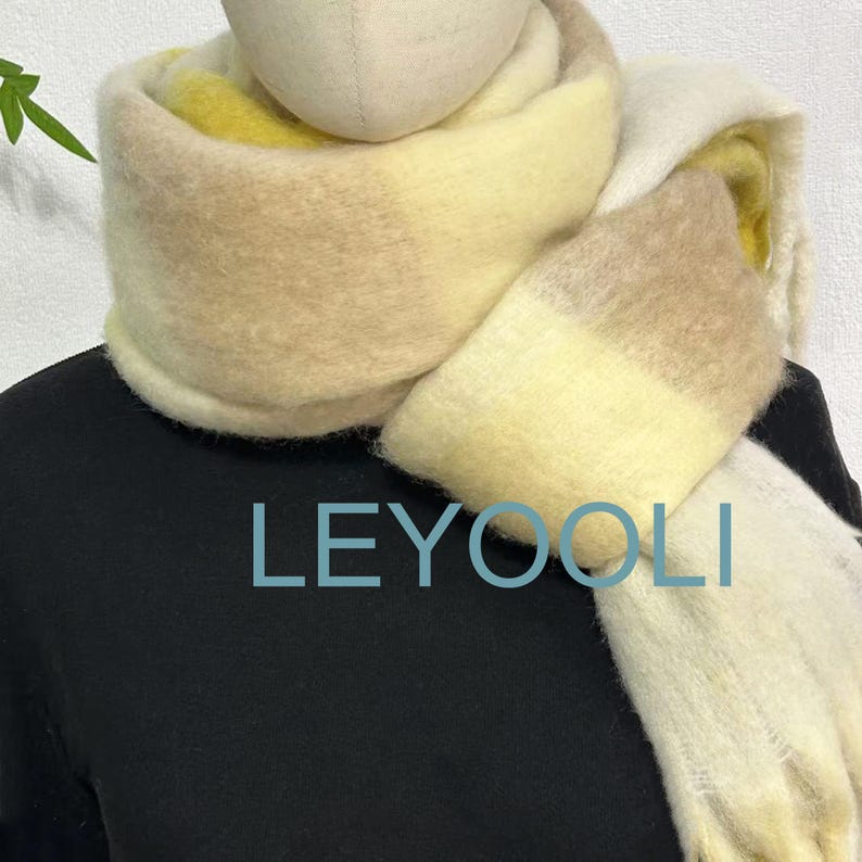 Yellow Plaid Mohair Scarf, Winter Warm Tassel Shawl