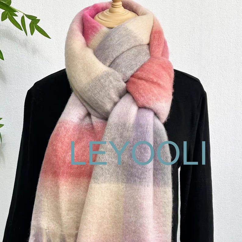 Pink Plaid Mohair Scarf: Reversible Winter Shawl
