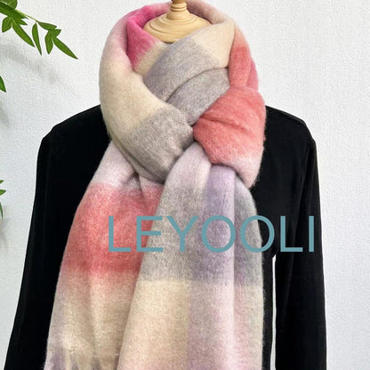 Pink Plaid Mohair Scarf: Reversible Winter Shawl