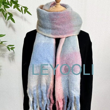 Powder Blue Plaid Mohair Scarf, Winter Warm Tassel Shawl
