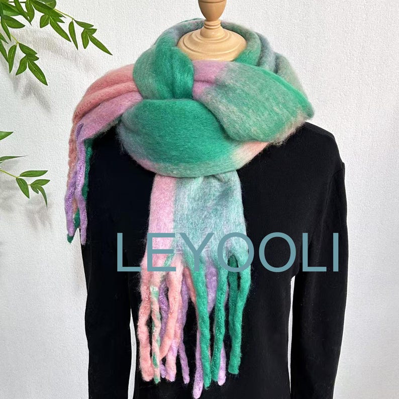 Green Purple Plaid Mohair Scarf, Winter Tassel Shawl