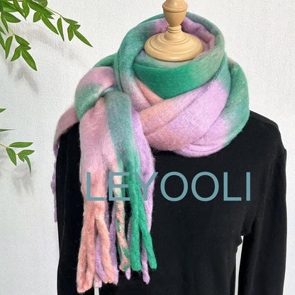 Green Purple Plaid Mohair Scarf, Winter Tassel Shawl