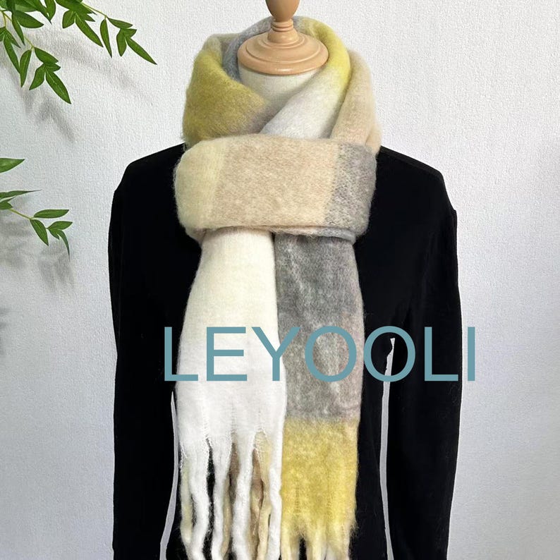 Yellow Plaid Mohair Scarf, Winter Warm Shawl