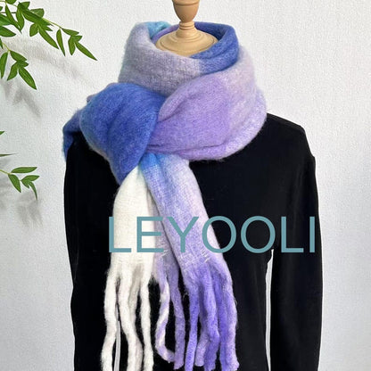 Purple Plaid Mohair Scarf: Winter Warm Tassel Shawl