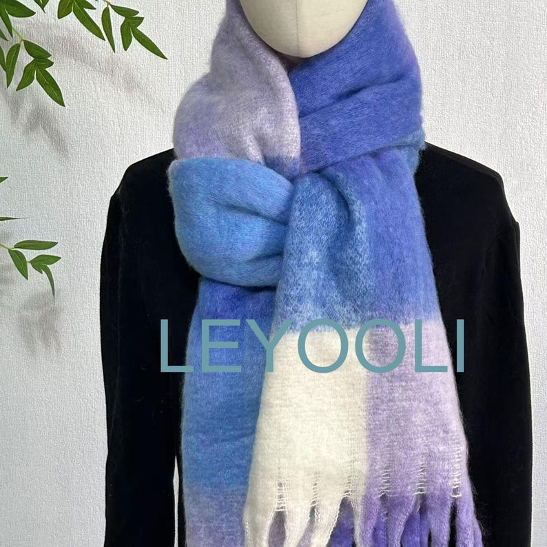 Purple Plaid Mohair Scarf: Winter Warm Tassel Shawl
