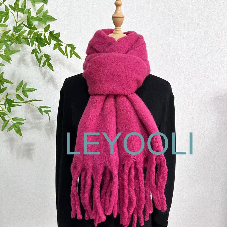 Rose Mohair Blend Scarf, Tassel Detail, Winter Warmth