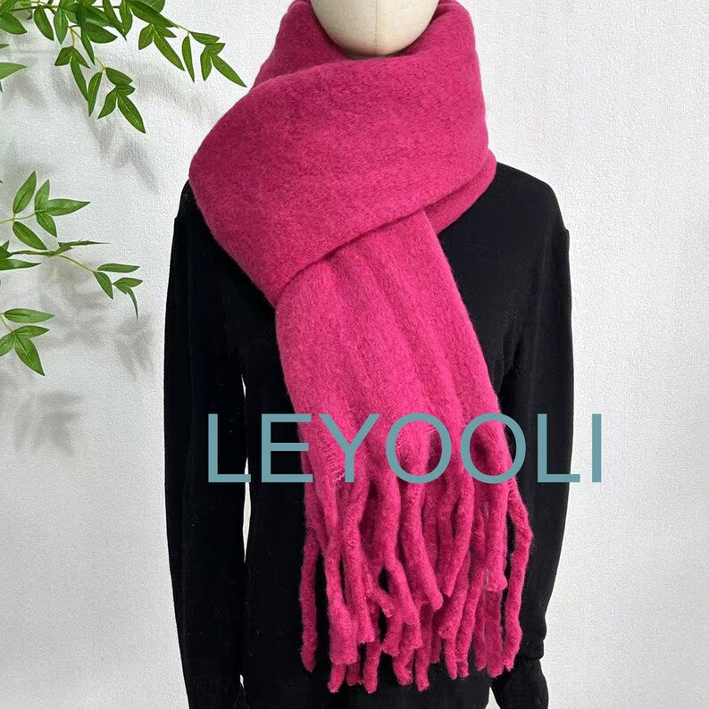 Rose Mohair Blend Scarf, Tassel Detail, Winter Warmth