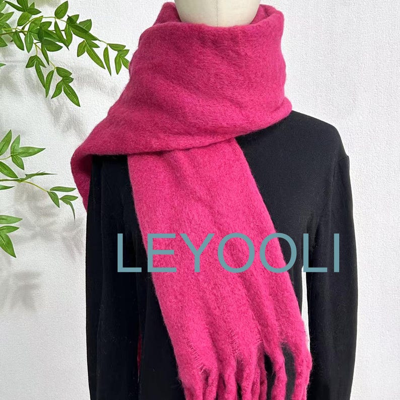 Rose Mohair Blend Scarf, Tassel Detail, Winter Warmth