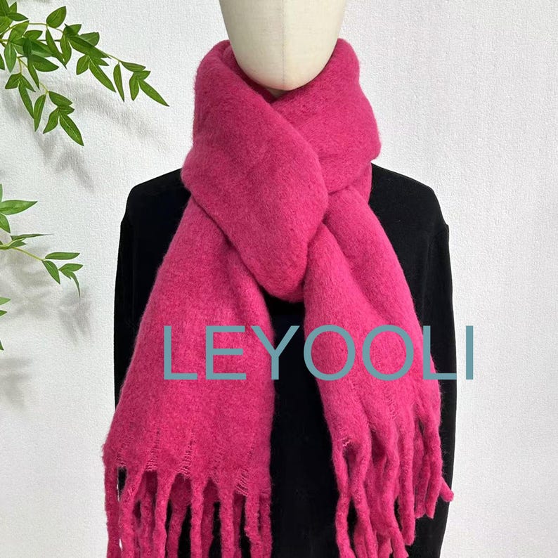 Rose Mohair Blend Scarf, Tassel Detail, Winter Warmth