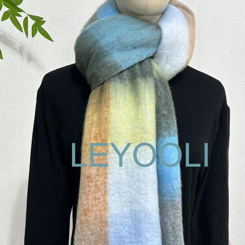 Mohair Plaid Scarf, Blue Gray Brown, Wool Blend, Winter Shawl