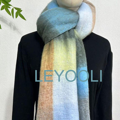 Mohair Plaid Scarf, Blue Gray Brown, Wool Blend, Winter Shawl