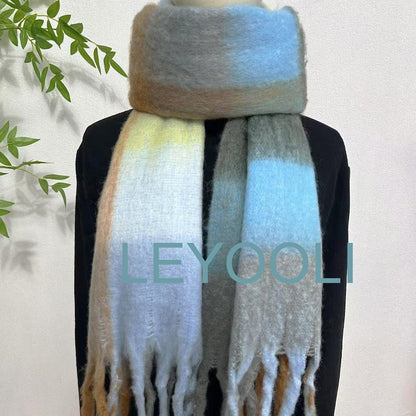 Mohair Plaid Scarf, Blue Gray Brown, Wool Blend, Winter Shawl