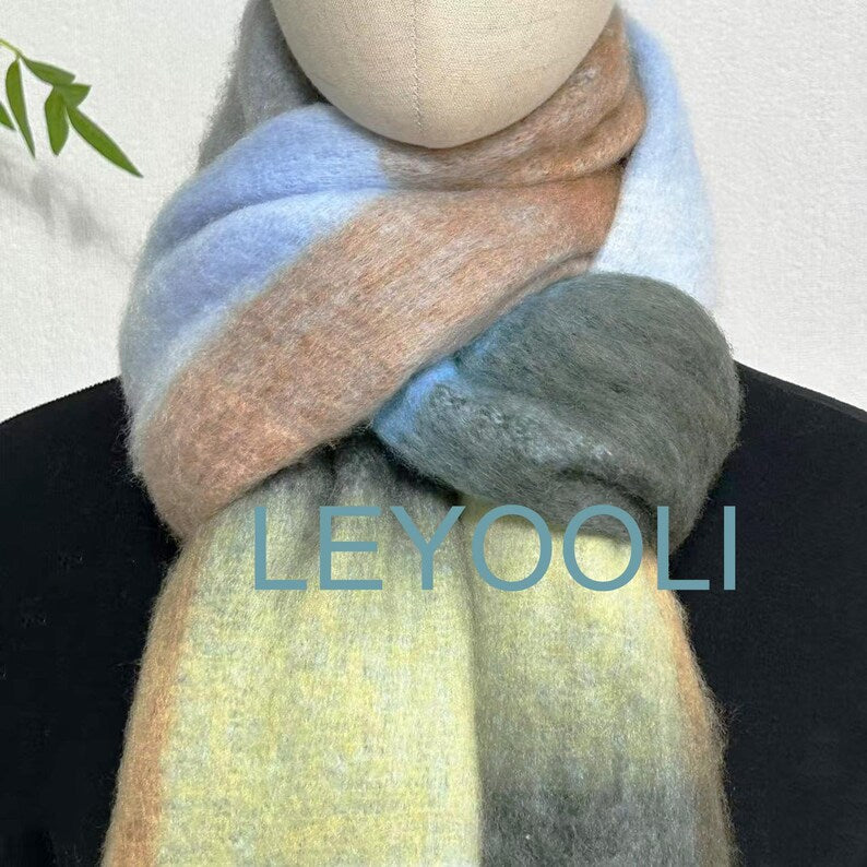 Mohair Plaid Scarf, Blue Gray Brown, Wool Blend, Winter Shawl