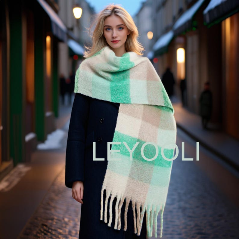 Green White Plaid Mohair Scarf, Warm Winter Shawl