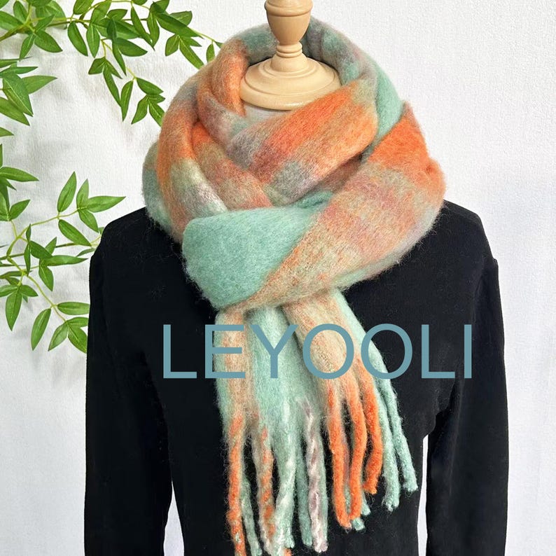Green Orange Plaid Mohair Winter Scarf, Brushed Fluffy Knit