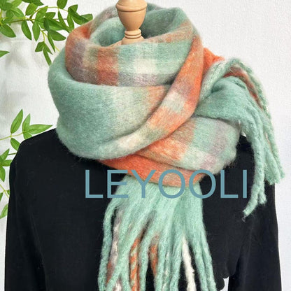Green Orange Plaid Mohair Winter Scarf, Brushed Fluffy Knit