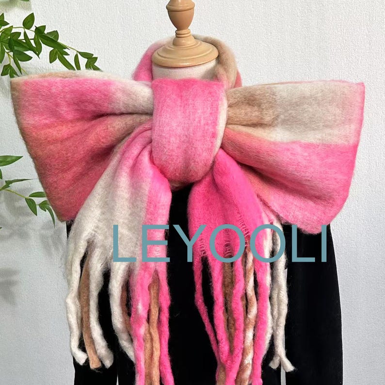 Pink Plaid Mohair Scarf, Reversible Winter Shawl