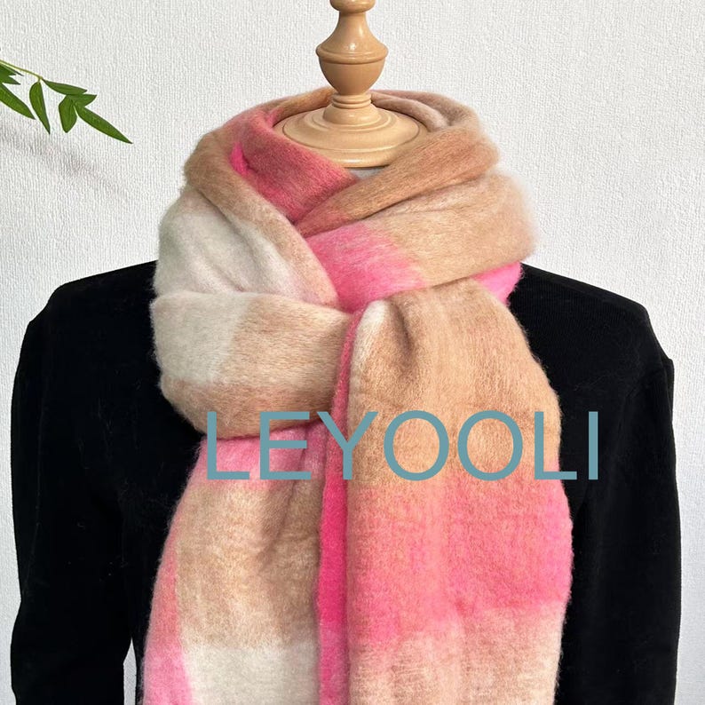 Pink Plaid Mohair Scarf, Reversible Winter Shawl