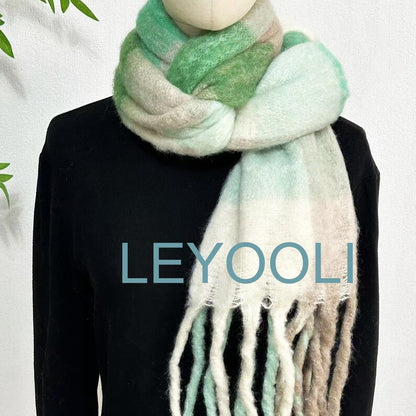 Plaid Mohair Scarf, Green White Tassel Shawl