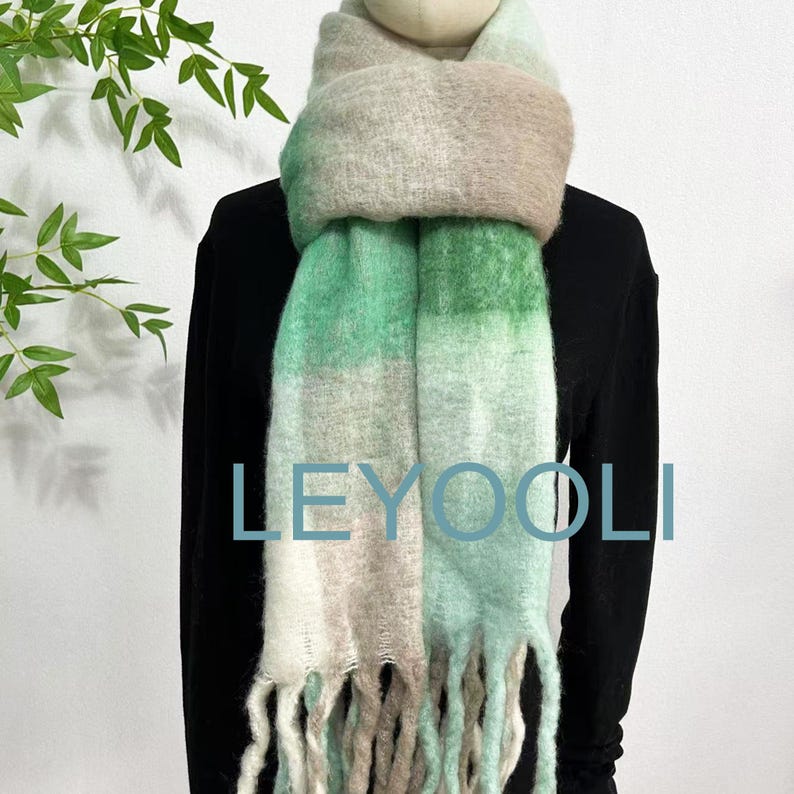 Plaid Mohair Scarf, Green White Tassel Shawl