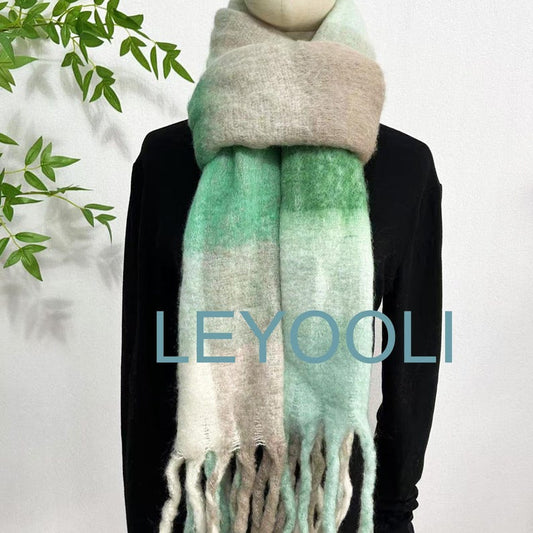 Plaid Mohair Scarf, Green White Tassel Shawl