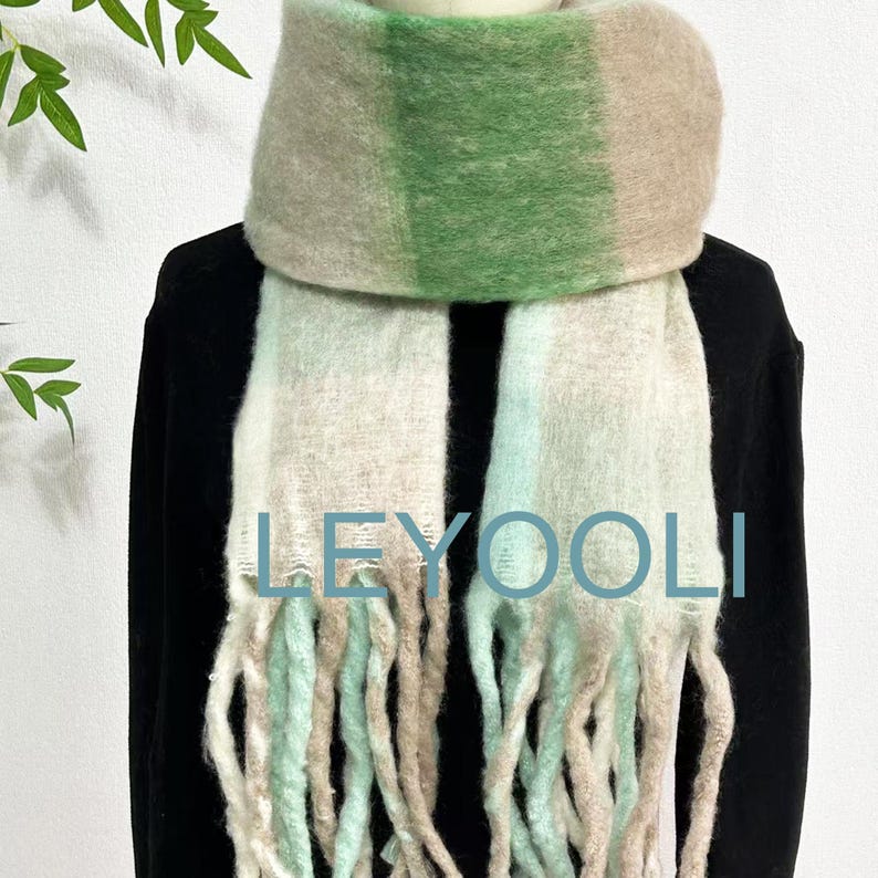 Plaid Mohair Scarf, Green White Tassel Shawl