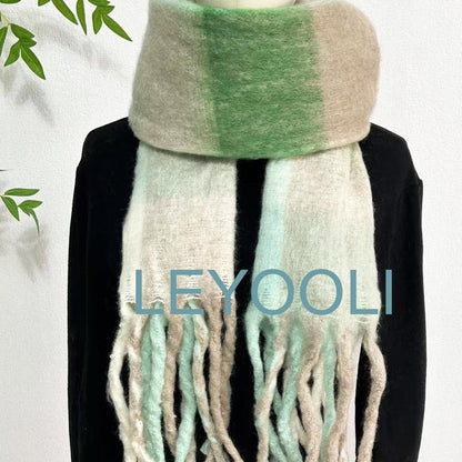 Plaid Mohair Scarf, Green White Tassel Shawl