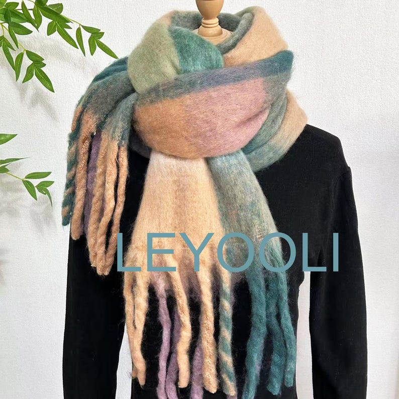 Plaid Mohair Scarf, Winter Warm Tassel Shawl