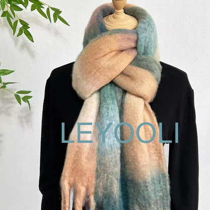 Plaid Mohair Scarf, Winter Warm Tassel Shawl