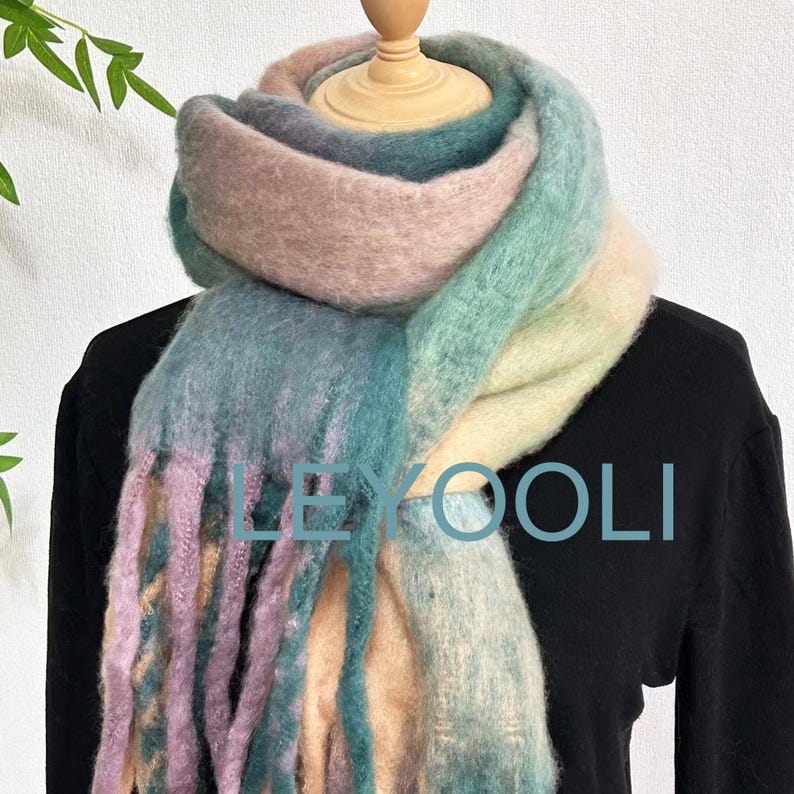 Plaid Mohair Scarf, Winter Warm Tassel Shawl