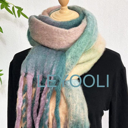 Plaid Mohair Scarf, Winter Warm Tassel Shawl