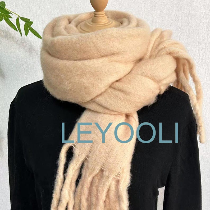 Cream Mohair Blend Tassel Scarf, Winter Warm Scarf