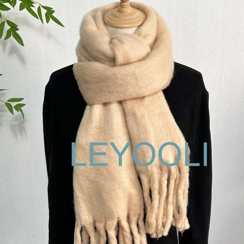 Cream Mohair Blend Tassel Scarf, Winter Warm Scarf
