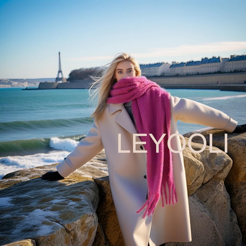 Rose Mohair Blend Scarf, Tassel Detail, Winter Warmth