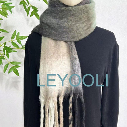 Mohair Plaid Scarf, Green White Black, Warm Winter Shawl